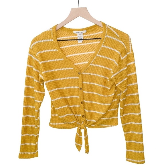 Caution to the Wind Knit Striped Long Sleeve Cropped Shirt Front Tie - Picture 1 of 4